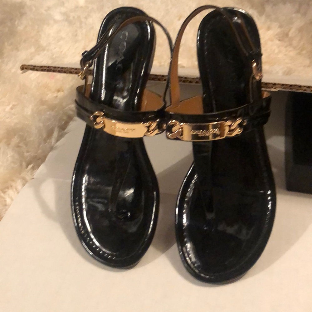 Coach patent leather Catherine sandals.